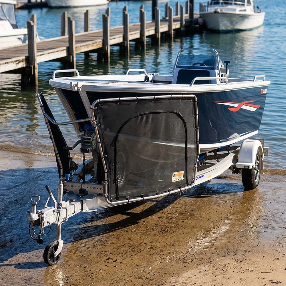 D-Flector rock guard fitted to a boat trailer at the ramp