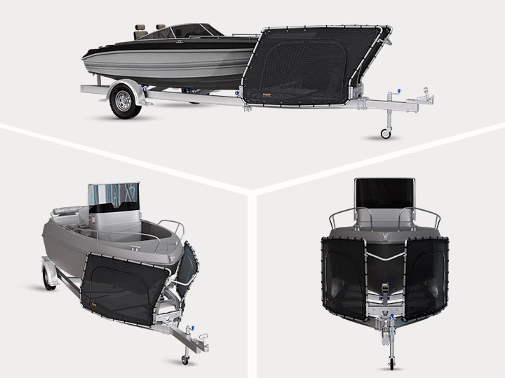 The guard from three angles, fitted to a boat trailer