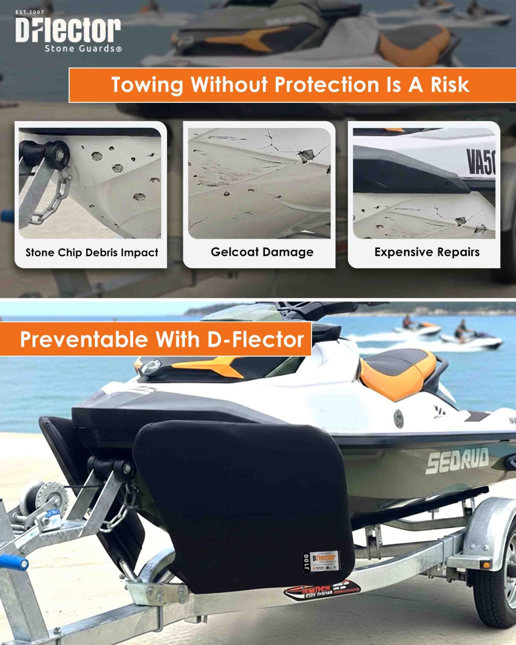 Chip damage on a towed jet ski hull, alongside a protected ski