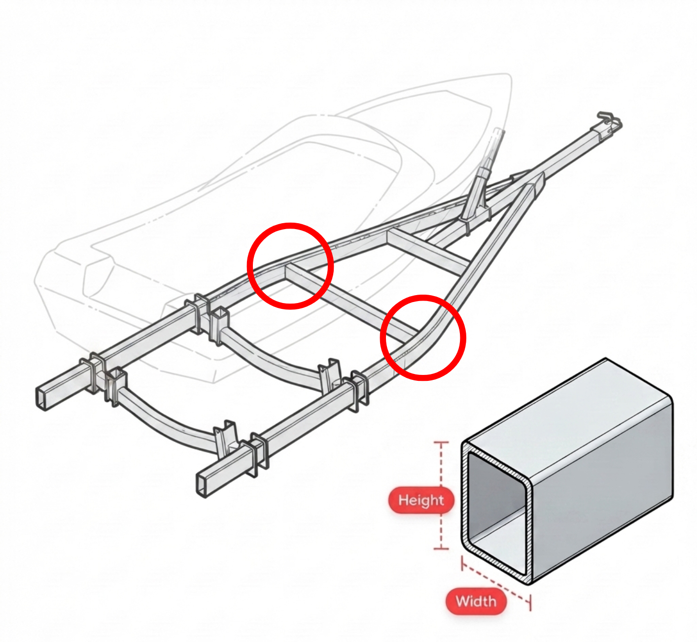 How to measure the two rear trailer rails — tube width and height